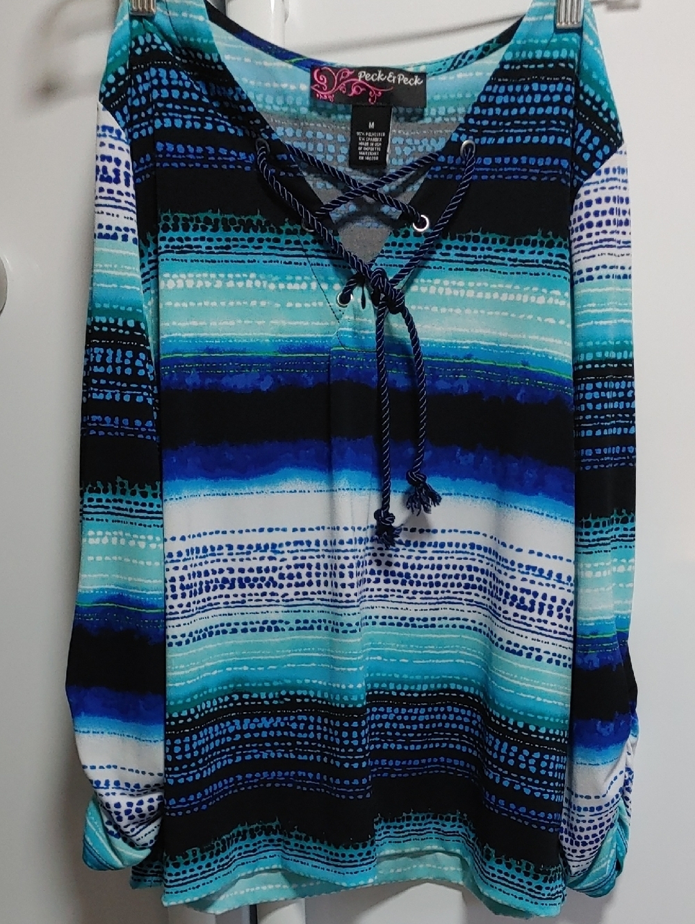 Peck & Peck Blue Teal Striped Lace-Up Long Sleeve Top Sz MED